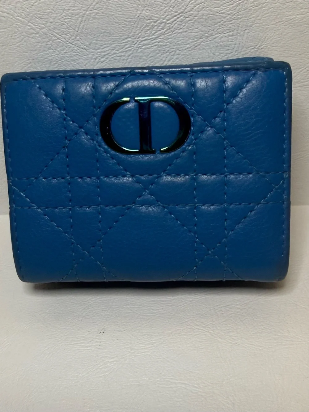 Dior Caro Dahlia Quilted Blue Leather Compact Wallet